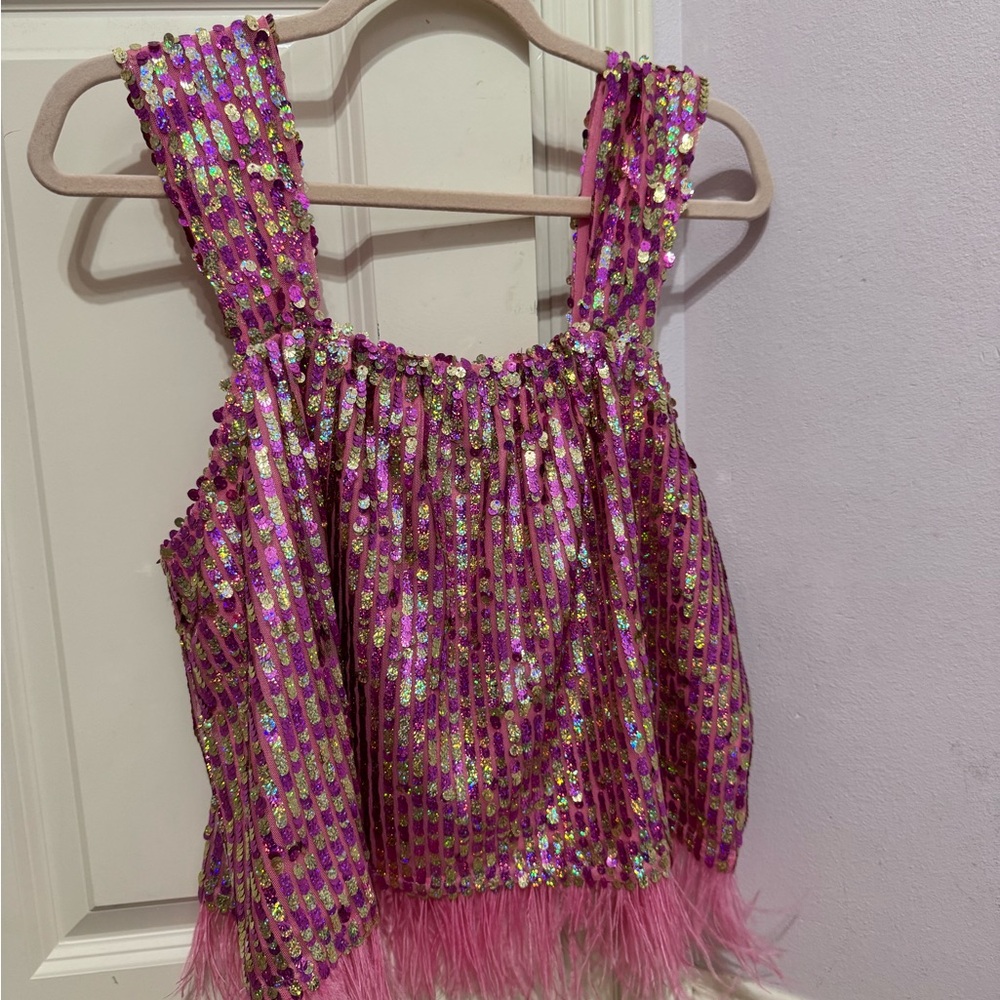 NWT Queen of Sparkles Pink Sequin and Feathers Top!!!